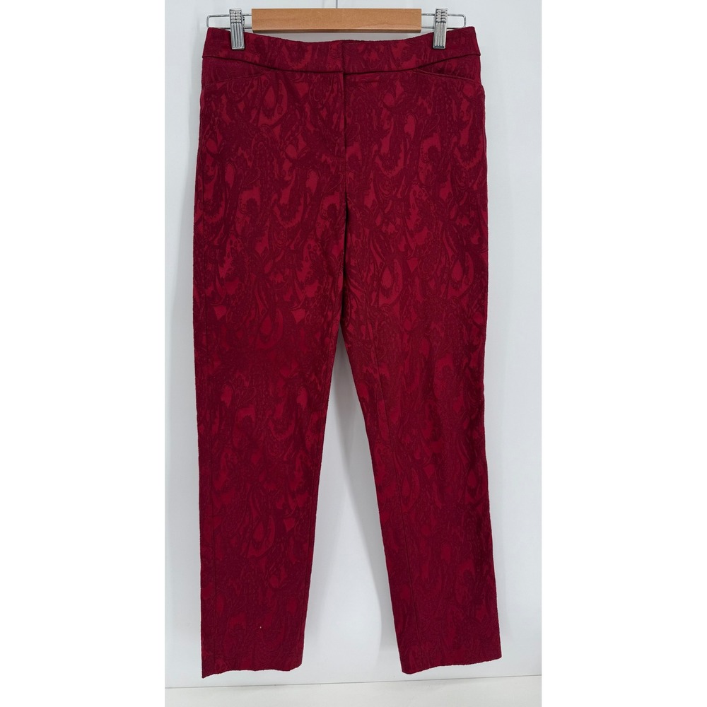 White House Black Market Slim Ankle Pants Burgundy Red Damask Textured Sz‎ 0